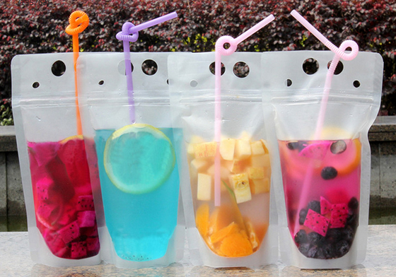 Lemonade / Cold Drinking Resealable Zip Lock Clear Stand Up Pouch With Straw